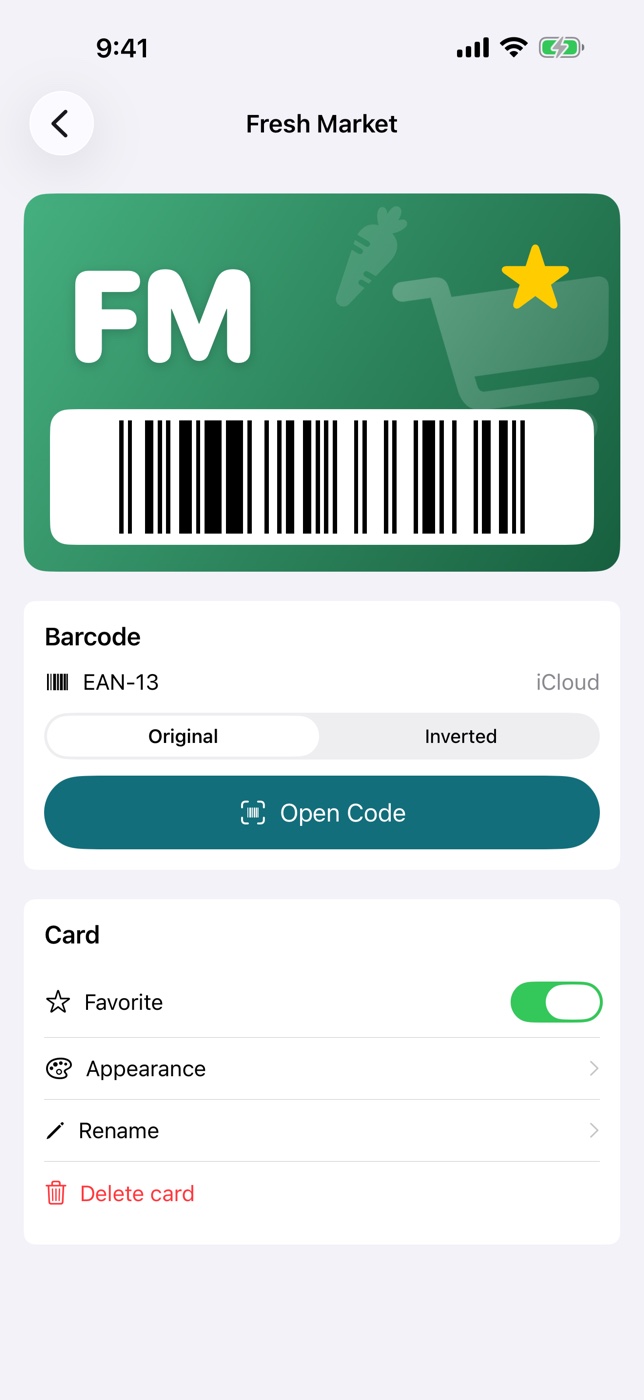 Card detail screen with a regenerated EAN-13 barcode