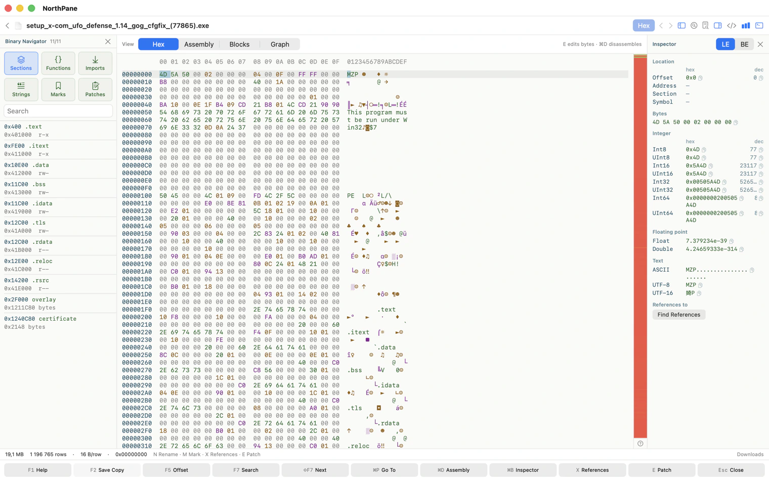 Binary Lab in NorthPane opened on a GOG installer: PE sections in the navigator on the left, hex dump in the center, value inspector on the right