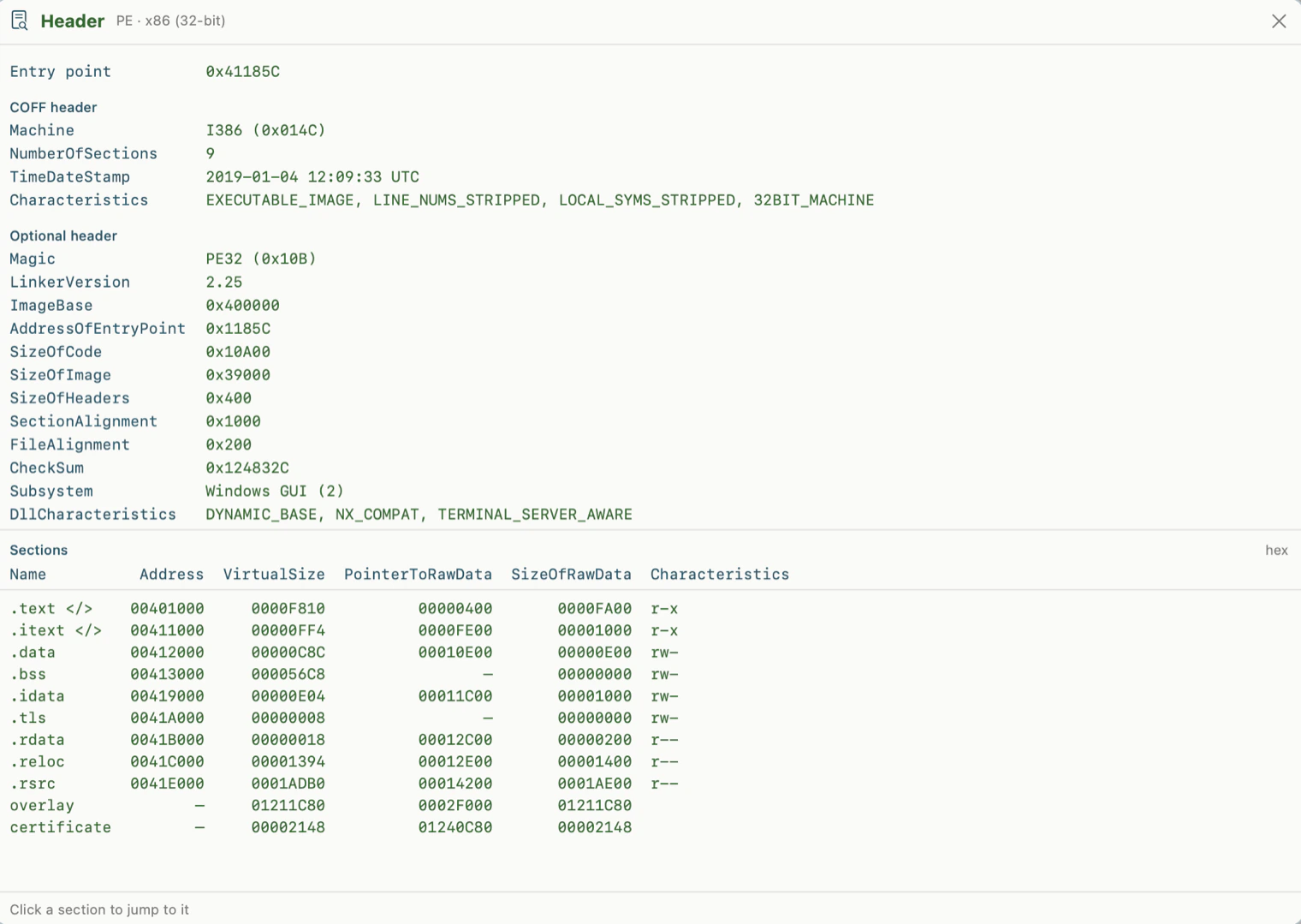 Header window (⌘I): COFF and PE optional header with a section table whose final rows include overlay and certificate