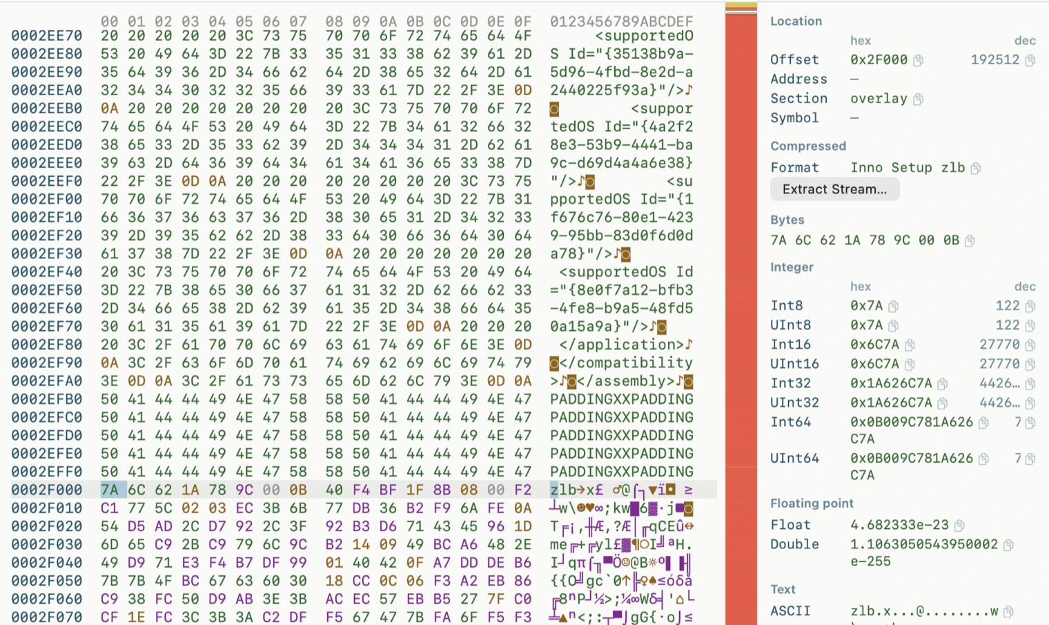 Hex dump with the cursor on bytes 7A 6C 62 1A at offset 0x2F000, with the inspector showing Inno Setup zlb