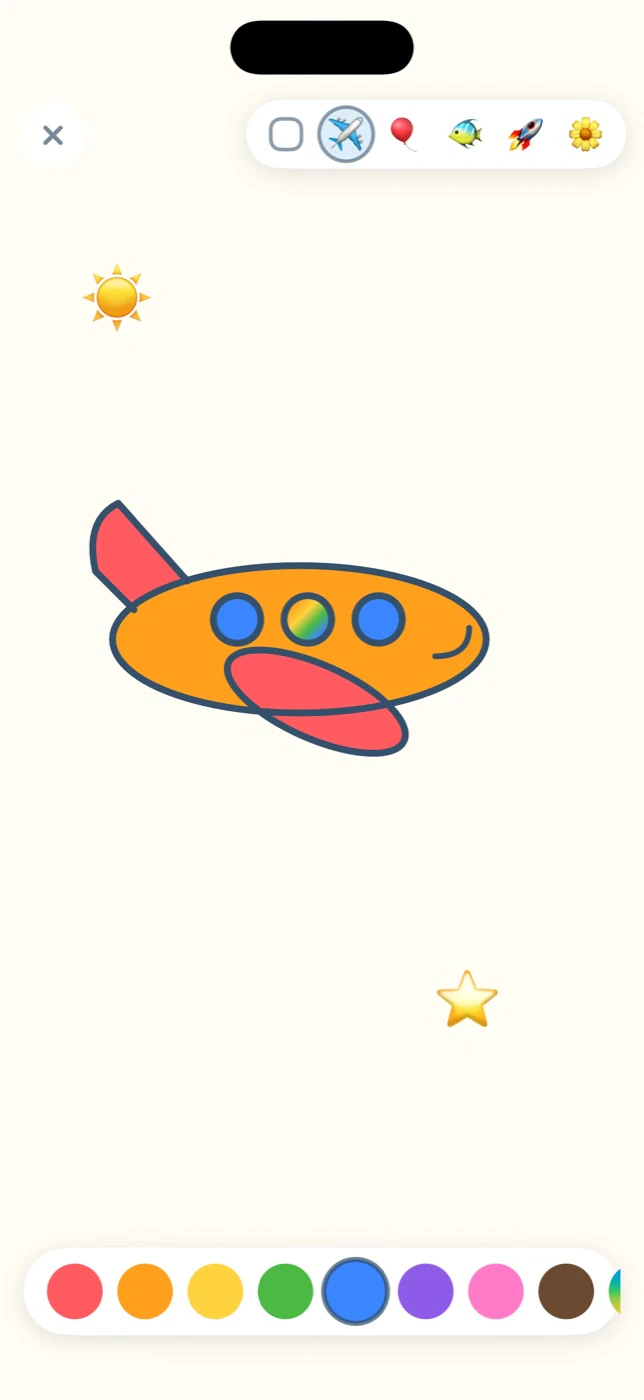 Coloring page of a little plane, partly filled in