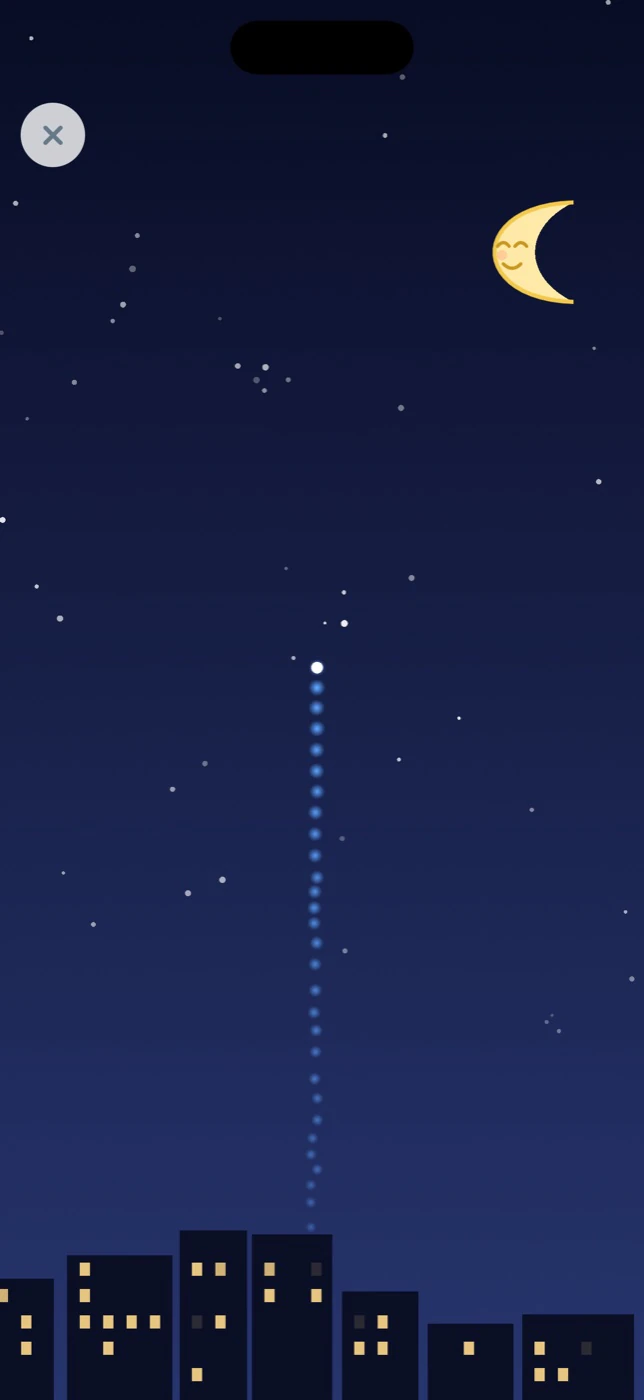 Fireworks over a night city with a sleeping crescent moon