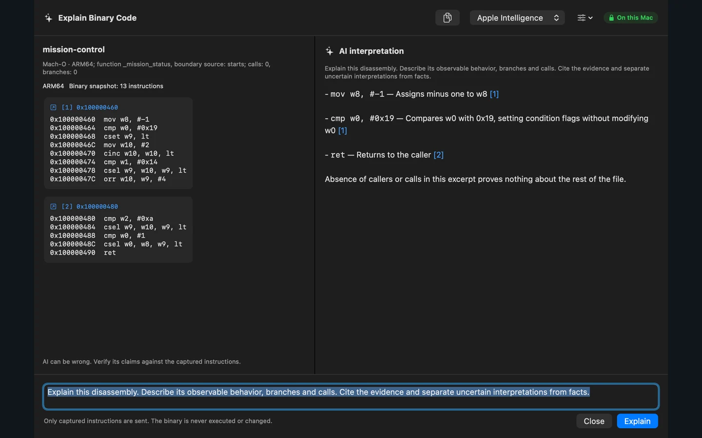 Binary AI: answer and captured instructions together