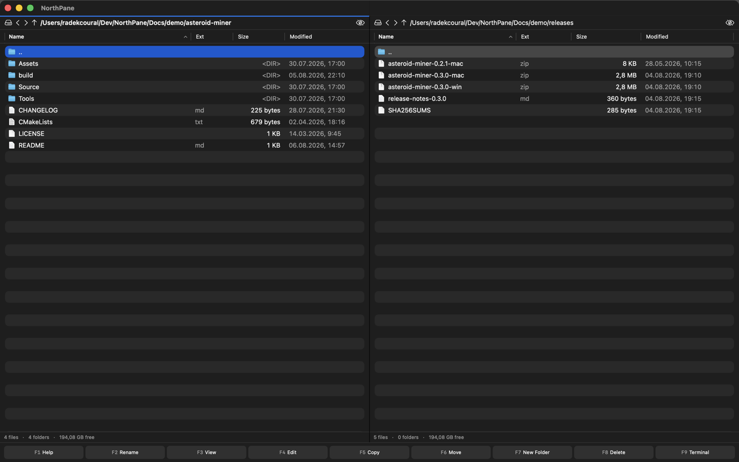 NorthPane main window with two panes over a local folder