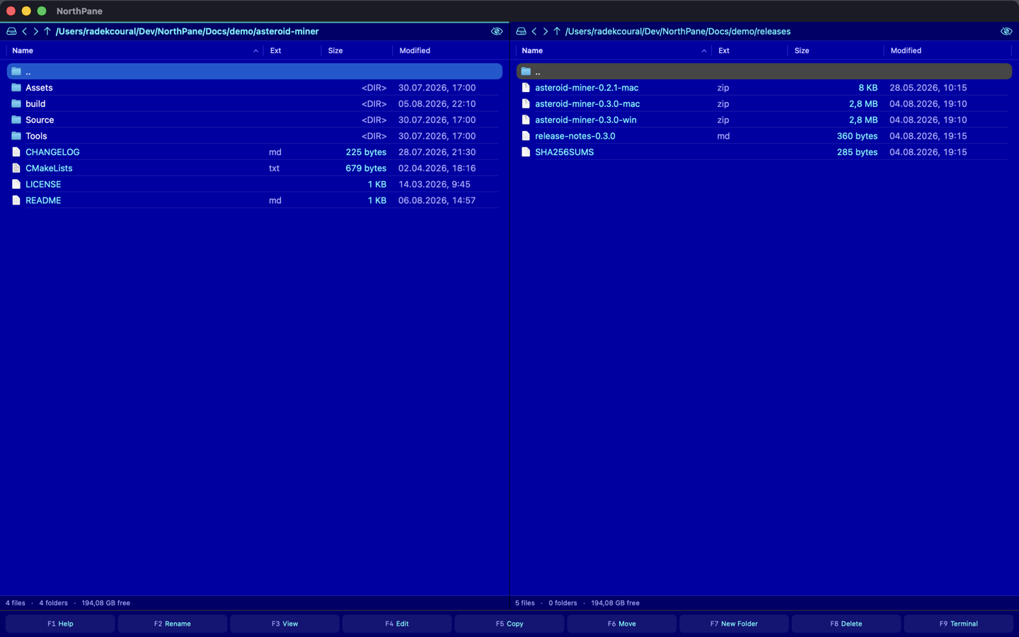 NorthPane in the Norton theme with a blue EGA palette