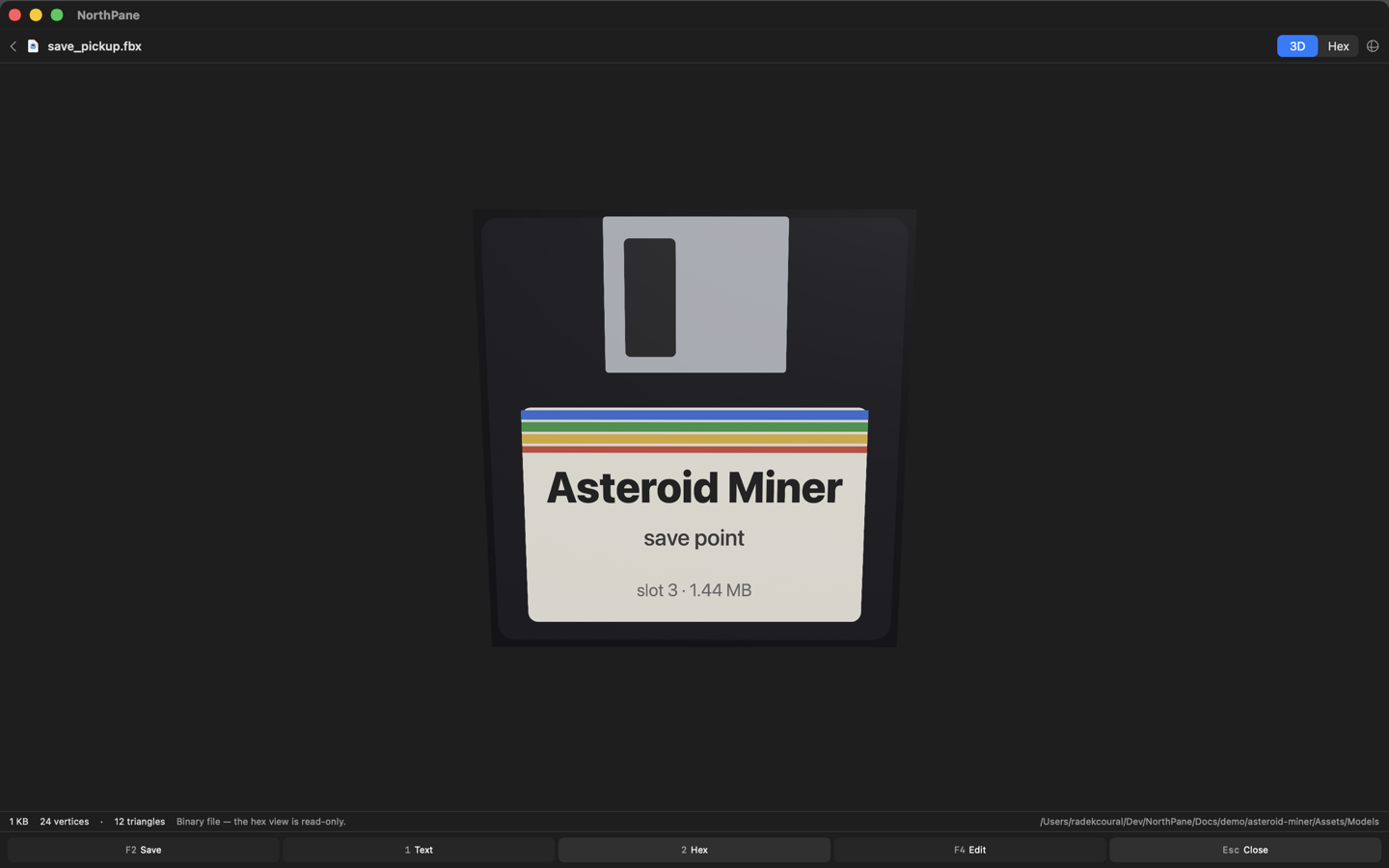 3D preview of an FBX model of a floppy disk in the viewer