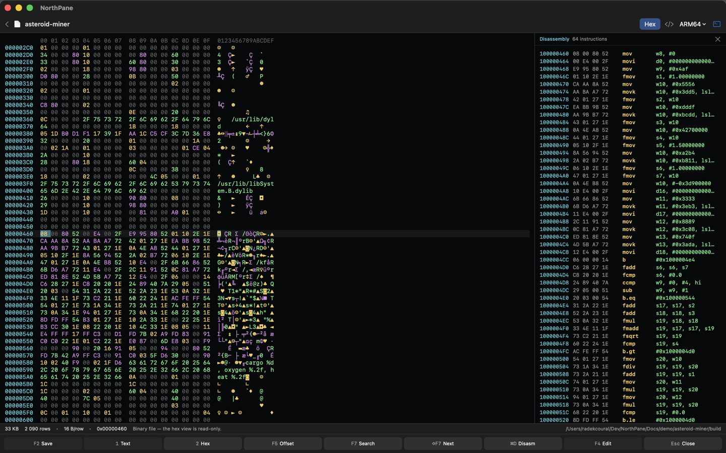 Hex view of a Mach-O binary with colored bytes and the ARM64 disassembly panel