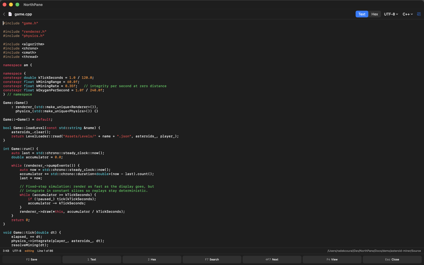 Built-in editor showing C++ code with syntax highlighting