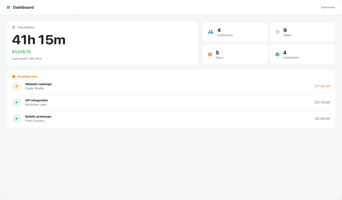TaskHunter dashboard on macOS with this month's hours, earnings, and running tasks
