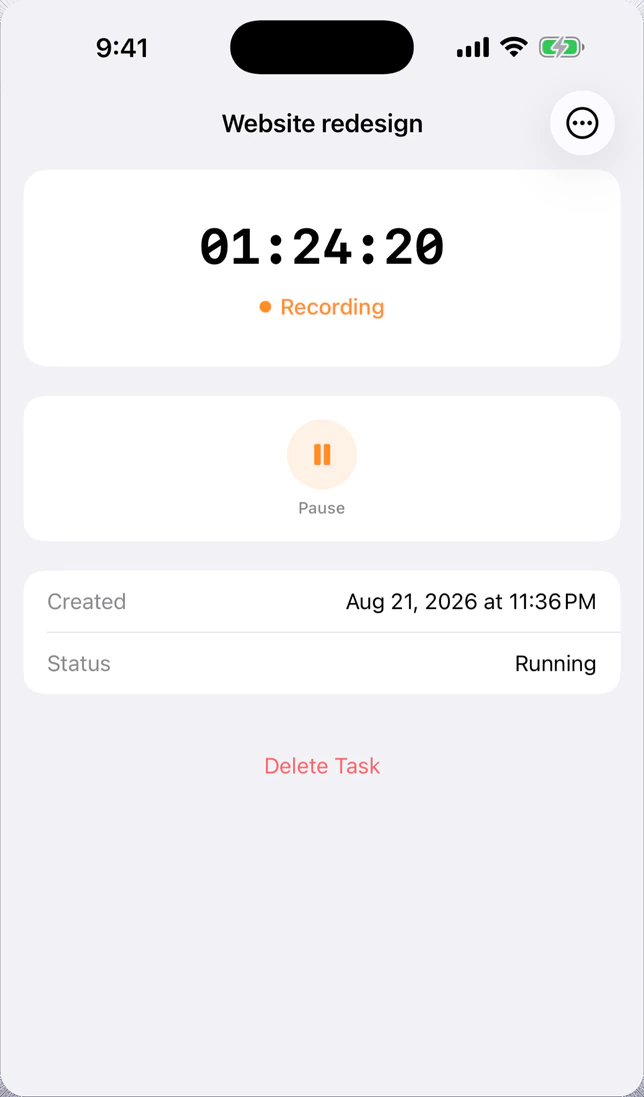 Running task timer on iPhone showing live elapsed time