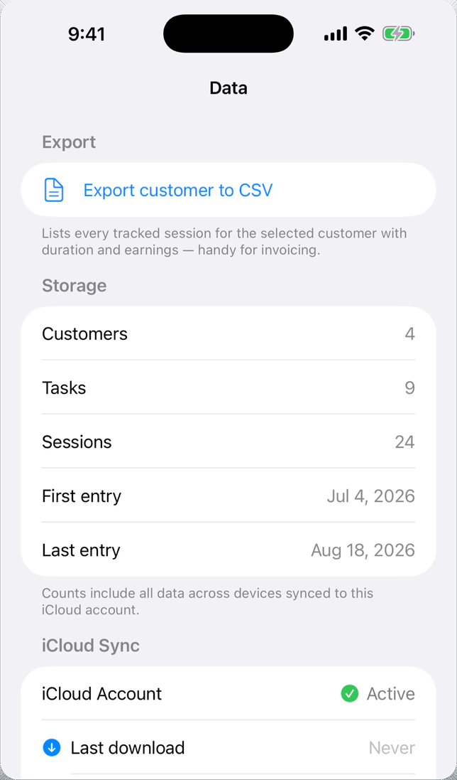 Export screen on iPhone listing tracked sessions ready for invoicing