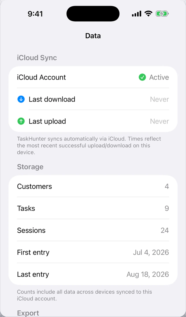 Privacy screen on iPhone showing no account, no tracking, iCloud sync