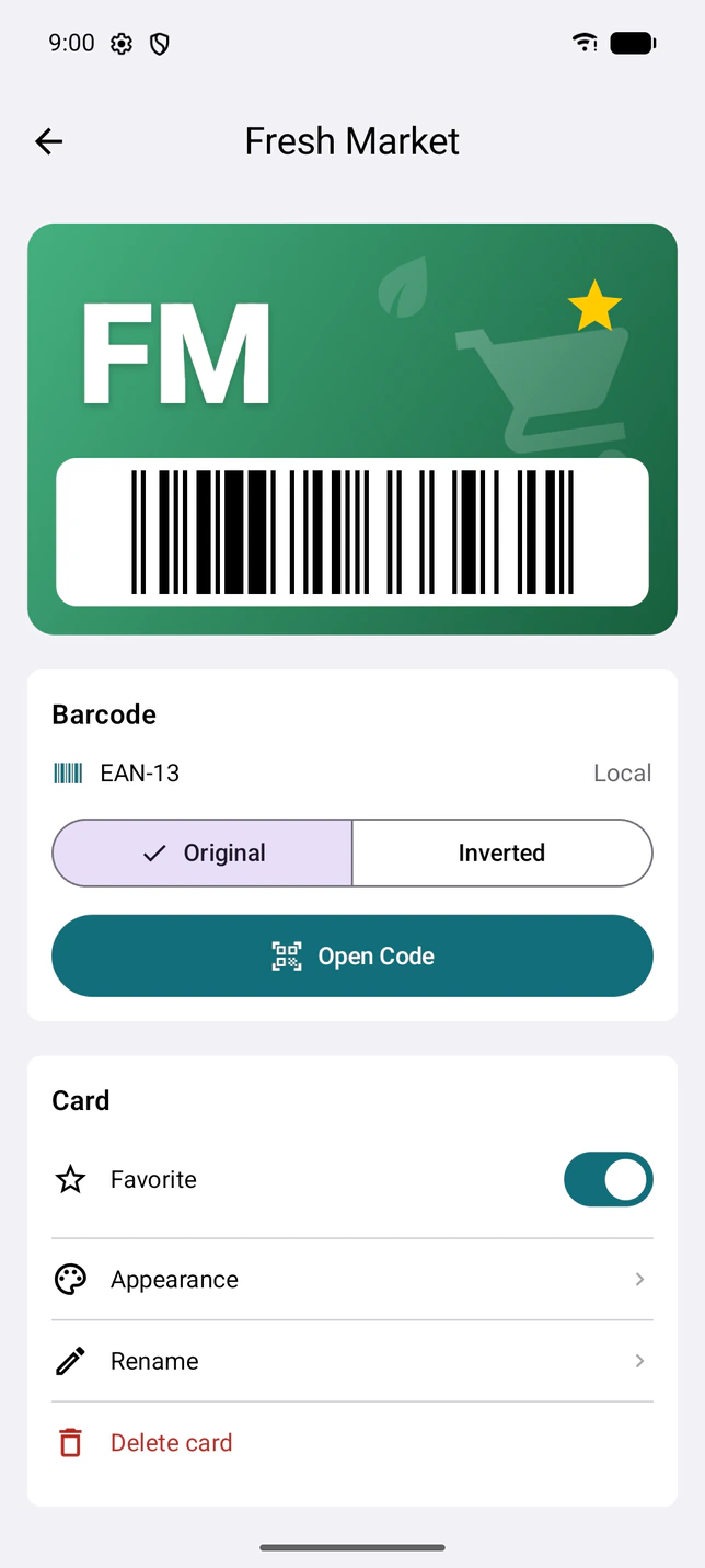 Card detail on Android with the regenerated EAN-13 barcode