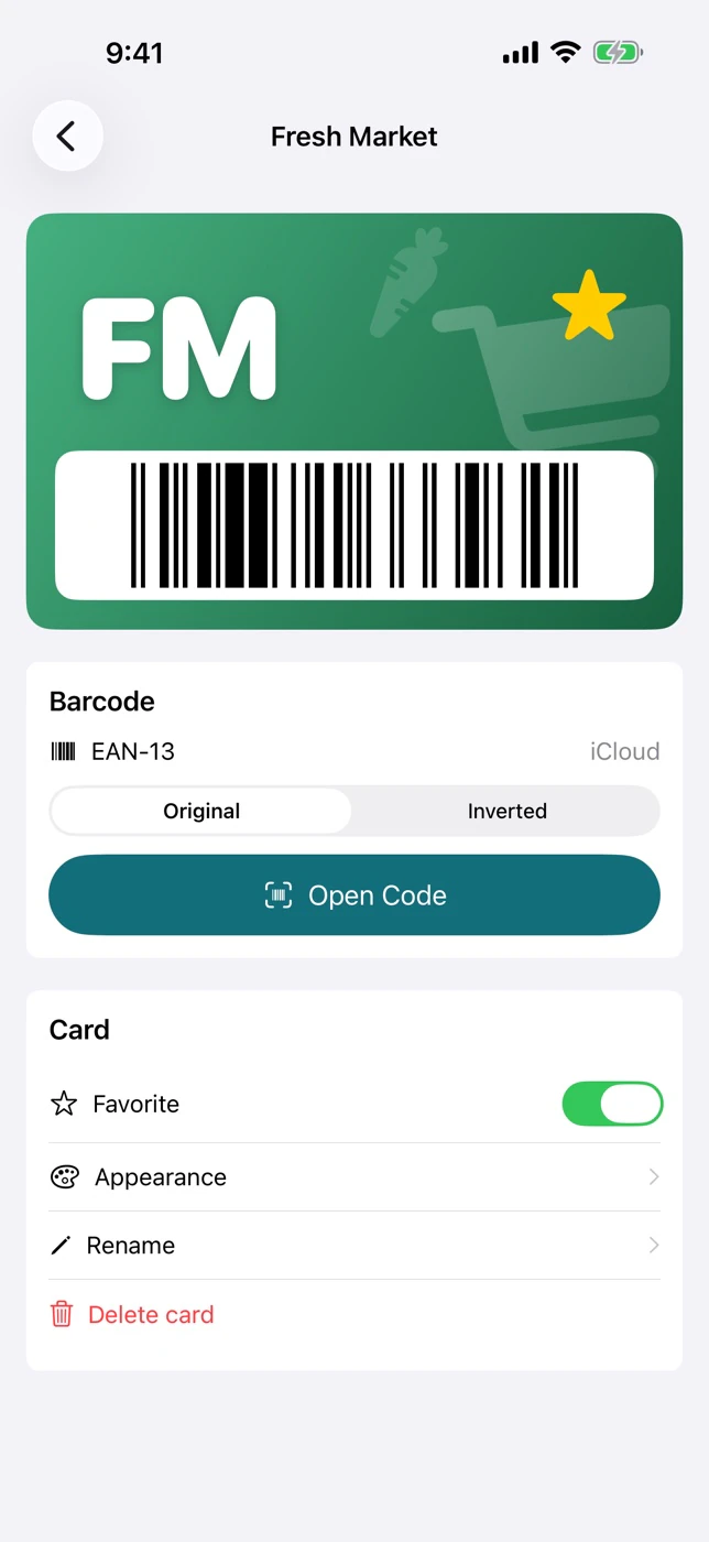 Card detail screen with a regenerated EAN-13 barcode